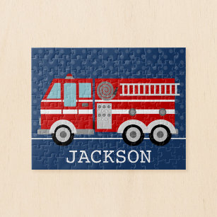 Fire Truck Navy Blue Polka Dot Personalised Kids Jigsaw Puzzle