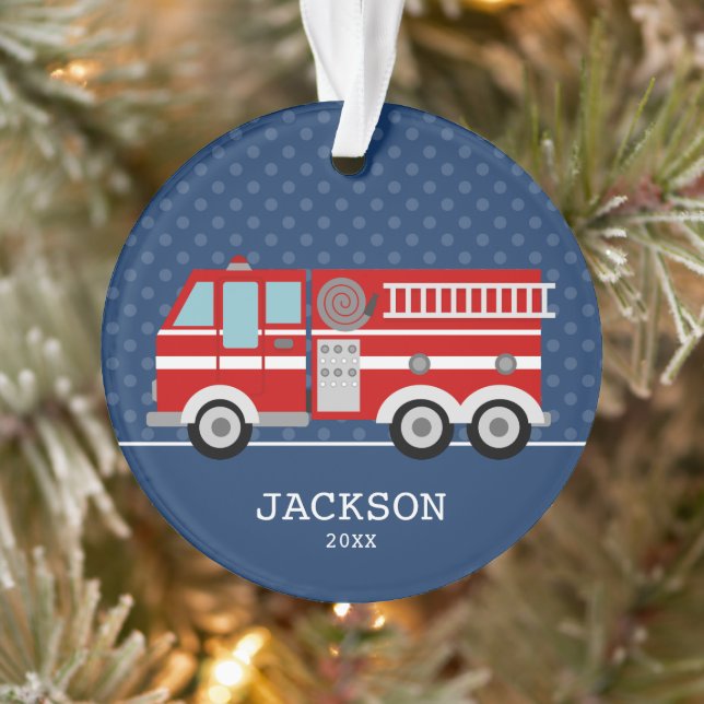 Fire Truck Navy Blue Polka Dot Personalised Kids Ornament (Tree)