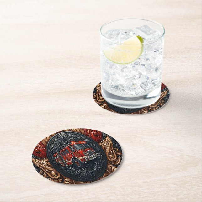 Fire Truck on Imitation Leather Round Paper Coaster (Insitu)