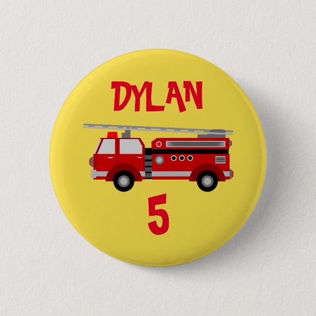 Fire truck Party Birthday button badge (Front)