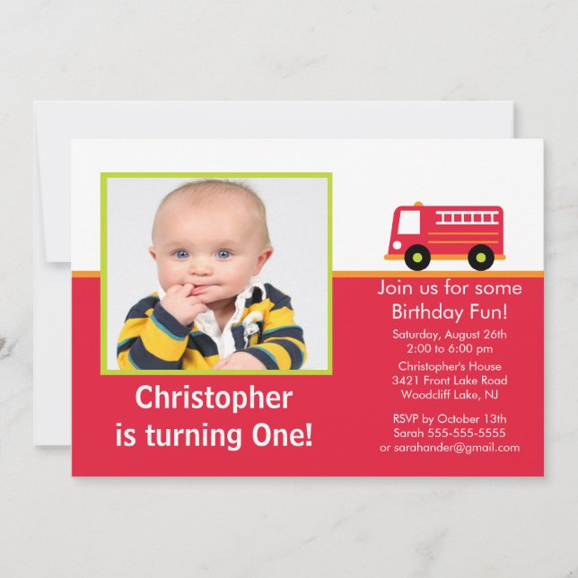 Fire truck Photo Birthday Party Invitation (Front)