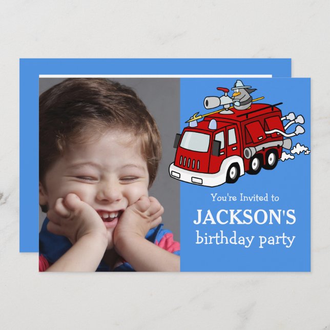 Fire Truck Photo Custom Birthday Invitation, Boy Invitation (Front/Back)