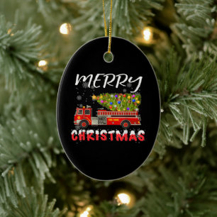 Fire Truck Pine Tree Firefighter Christmas Family Ceramic Tree Decoration