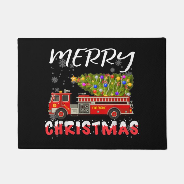 Fire Truck Pine Tree Firefighter Christmas Family Doormat (Front)