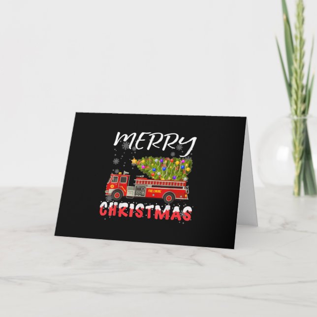 Fire Truck Pine Tree Firefighter Christmas Family Holiday Card (Front)