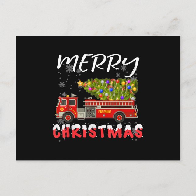 Fire Truck Pine Tree Firefighter Christmas Family Holiday Postcard (Front)