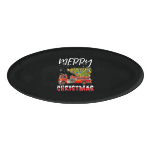 Fire Truck Pine Tree Firefighter Christmas Family Name Tag