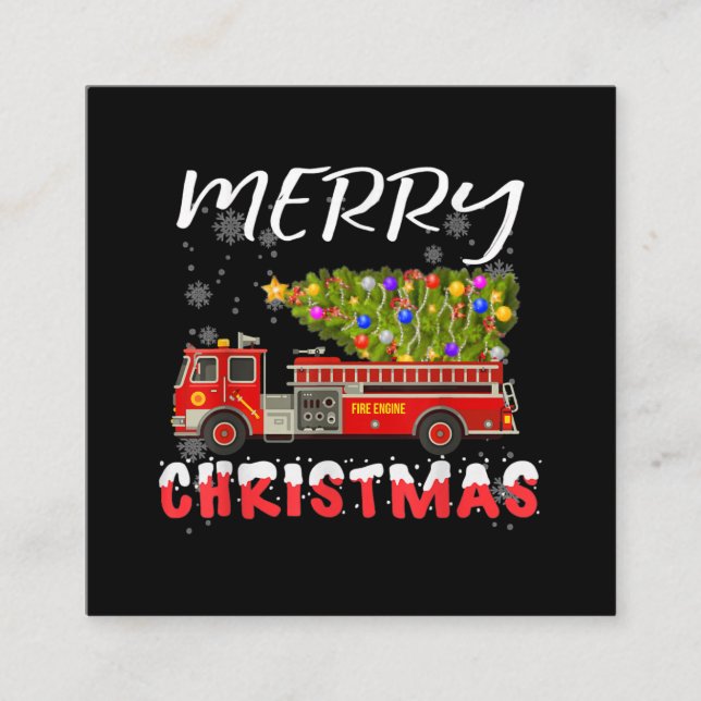 Fire Truck Pine Tree Firefighter Christmas Family Square Business Card (Front)
