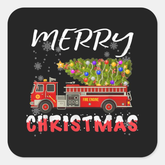 Fire Truck Pine Tree Firefighter Christmas Family Square Sticker (Front)