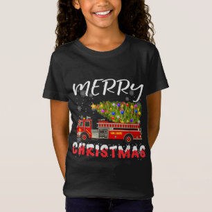 Fire Truck Pine Tree Firefighter Christmas Family T-Shirt