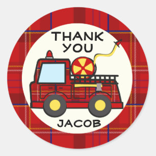 Fire Truck Plaid Classic Round Sticker