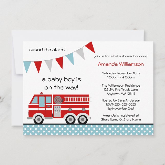 Fire Truck Polka Dot Banner Boy Baby Shower Invitation (Front)
