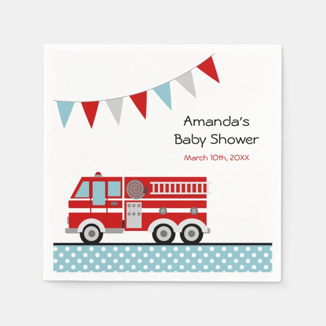 Fire Truck Polka Dot Banner Boy Baby Shower Napkin (Front)