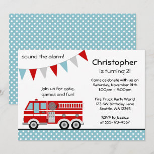 Fire Truck Polka Dot Banner Boy Birthday Party Invitation
