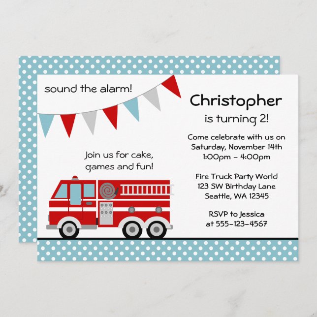 Fire Truck Polka Dot Banner Boy Birthday Party Invitation (Front/Back)