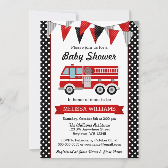Fire Truck Polka Dot Bunting Baby Shower Invitation (Front)