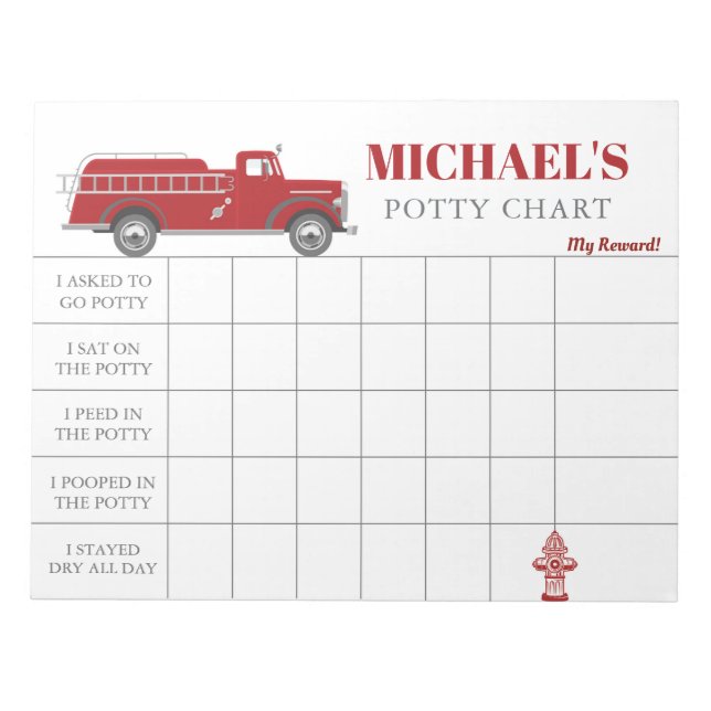 Fire Truck Potty Chart Personalised Name & Tasks Notepad (Front)