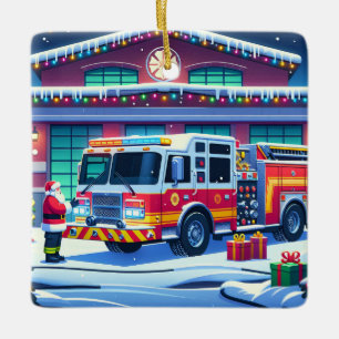 Fire Truck Santa and Christmas Tree Ceramic Ornament