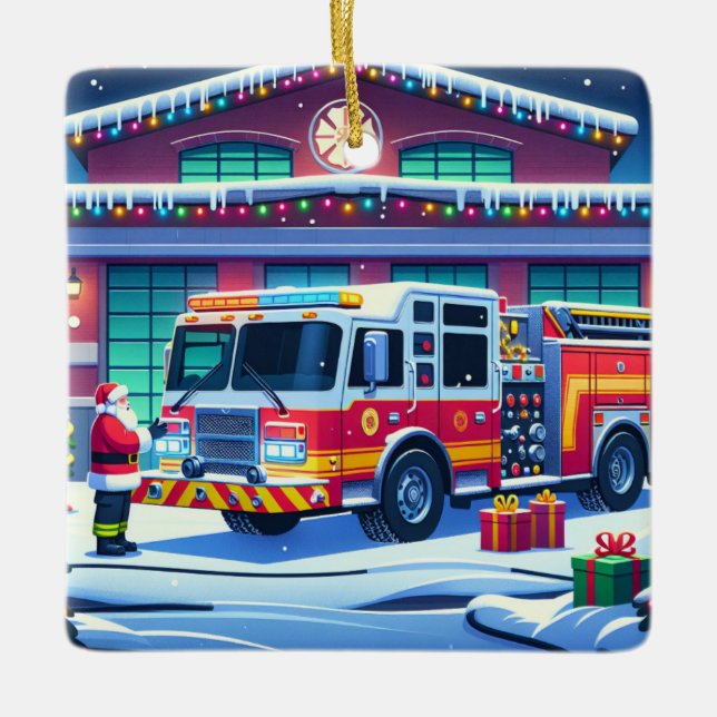 Fire Truck   Santa and Christmas Tree Ceramic Ornament (Front)