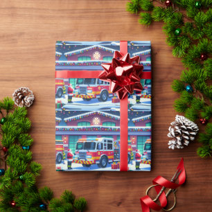 Fire Truck Santa and Christmas Tree Wrapping Paper