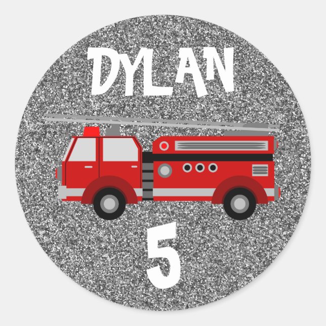 Fire truck Silver Sparkle Party Birthday Classic Round Sticker (Front)