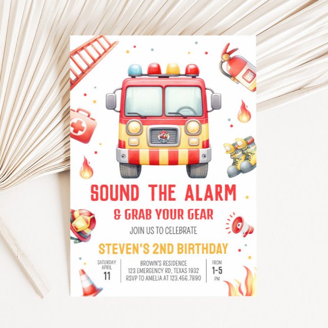 Fire Truck Sound the Alarm Birthday Invitation (Fire Truck Birthday Party Invitation)