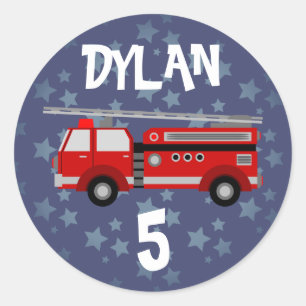 Fire truck Space Blue Birthday Classic Round Sticker