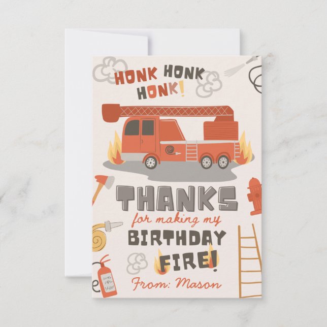 Fire Truck Thank You Card | Fire Birthday (Front)
