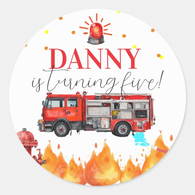 Fire Truck Theme Birthday Round Sticker (Front)