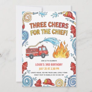 Fire Truck Three Cheers Chief Boys Birthday Invitation