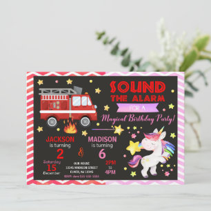 Fire Truck & Unicorn Joint Birthday Invitation