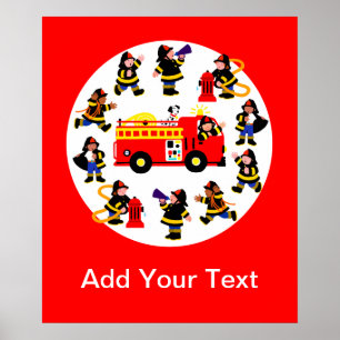 Fire Truck with Busy Firefighters Poster