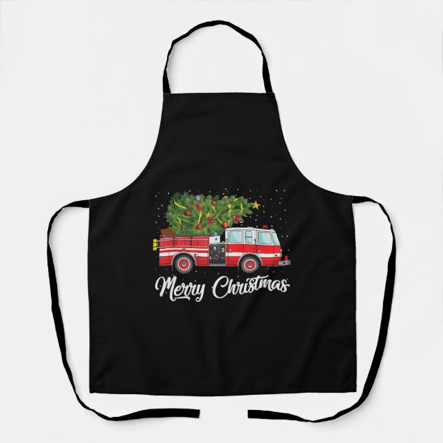 Fire Truck Xmas Tree Firefighter Merry Christmas Apron (Front)