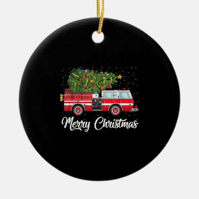 Fire Truck Xmas Tree Firefighter Merry Christmas Ceramic Tree Decoration (Front)