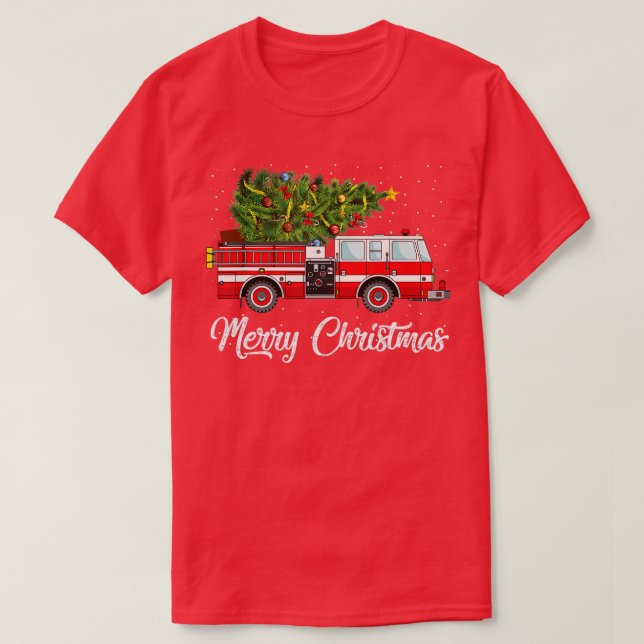 Fire Truck Xmas Tree Funny Firefighter Gift Merry  T-Shirt (Design Front)