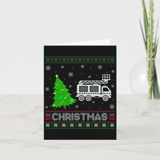 Fire Truck Xmas Tree Lighting Ugly Christmas Sweat Card (Front)