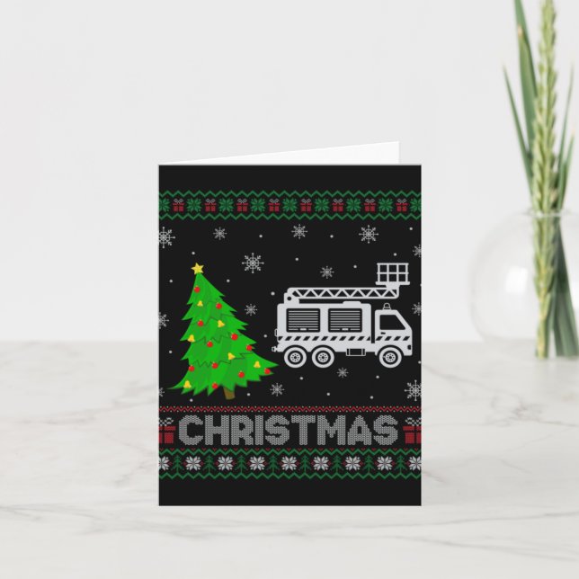 Fire Truck Xmas Tree Lighting Ugly Christmas Sweat Card (Front)