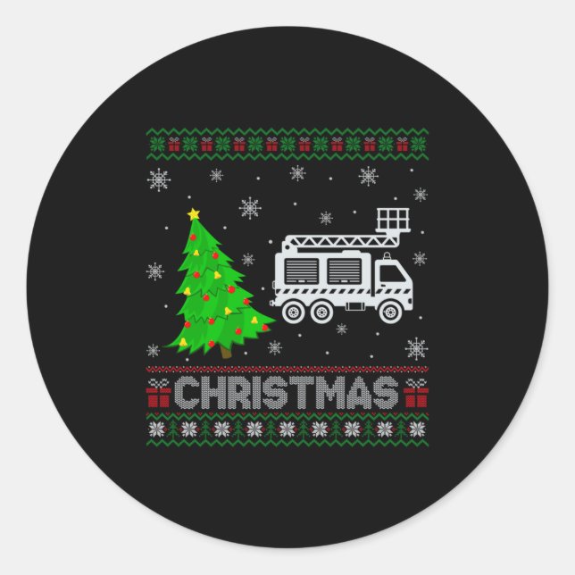 Fire Truck Xmas Tree Lighting Ugly Christmas Sweat Classic Round Sticker (Front)