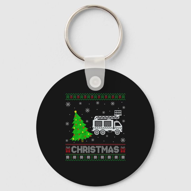 Fire Truck Xmas Tree Lighting Ugly Christmas Sweat Key Ring (Front)