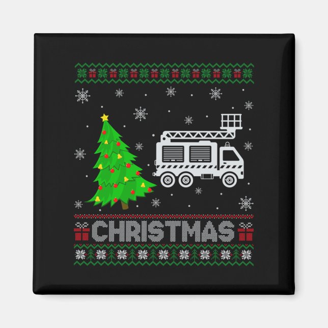 Fire Truck Xmas Tree Lighting Ugly Christmas Sweat Magnet (Front)