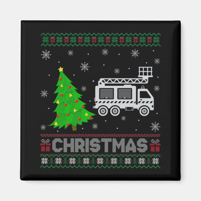 Fire Truck Xmas Tree Lighting Ugly Christmas Sweat Magnet (Front)