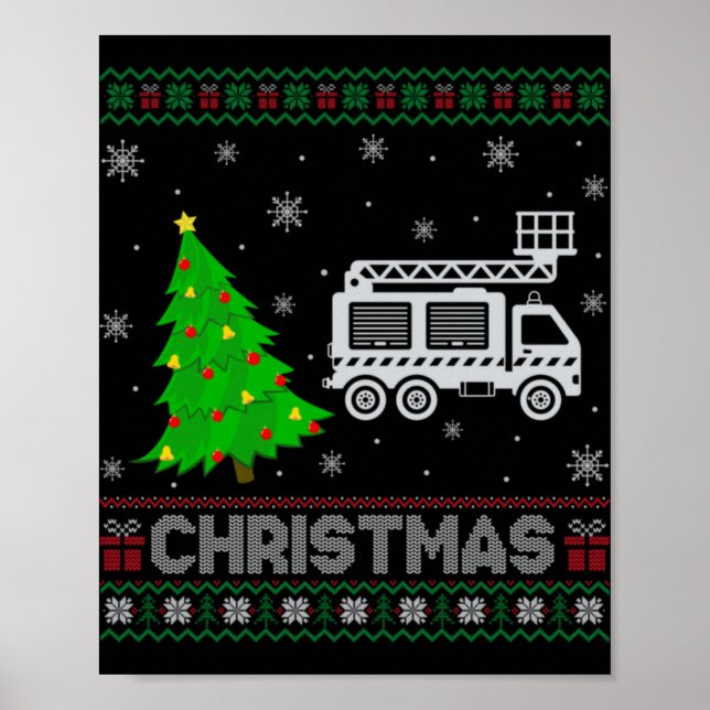 Fire Truck Xmas Tree Lighting Ugly Christmas Sweat Poster (Front)