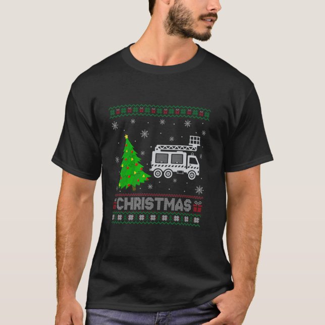 Fire Truck Xmas Tree Lighting Ugly Christmas Sweat T-Shirt (Front)