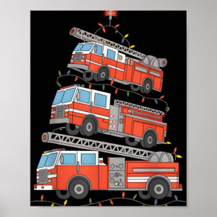Fire Trucks Christmas Tree Lights Xmas Firefighter Poster