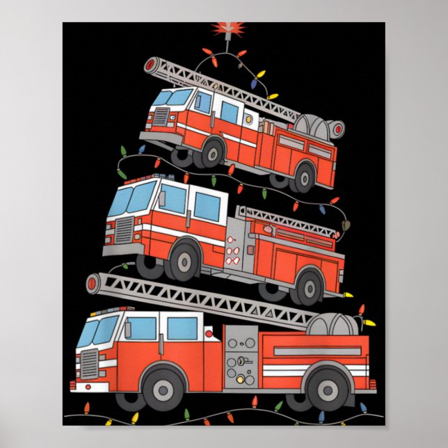 Fire Trucks Christmas Tree Lights Xmas Firefighter Poster (Front)