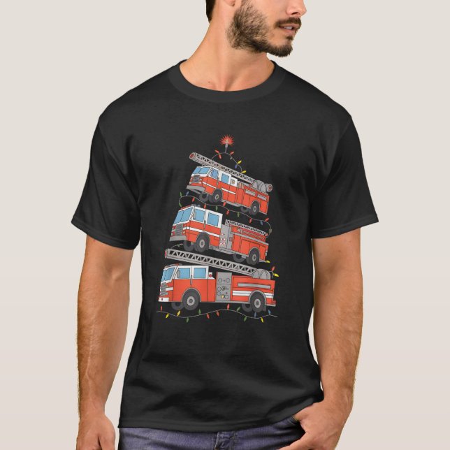 Fire Trucks Christmas Tree Lights Xmas Firefighter T-Shirt (Front)