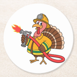 Fire trucks Firefighter Thanksgiving Turkey   Round Paper Coaster