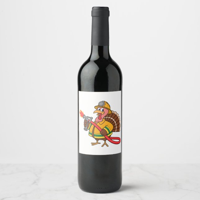 Fire trucks Firefighter Thanksgiving Turkey   Wine Label (Front)