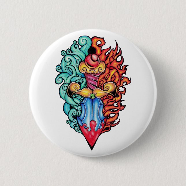 Fire & Water Dagger Tattoo 6 Cm Round Badge (Front)