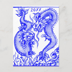 Fire & Water Dragons Chinese Any New Year Zodiac Holiday Postcard